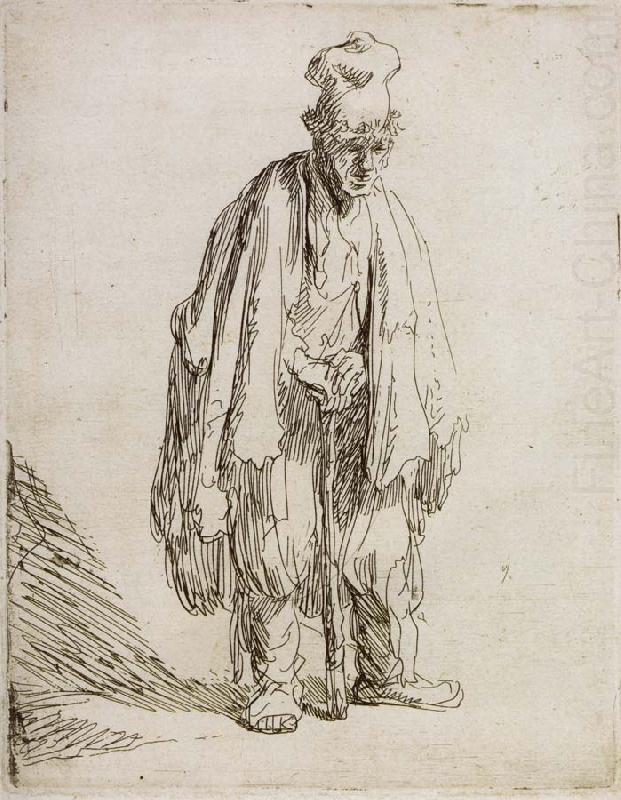 REMBRANDT Harmenszoon van Rijn Beggar in a high cap,Standing and Leaning on a stick china oil painting image